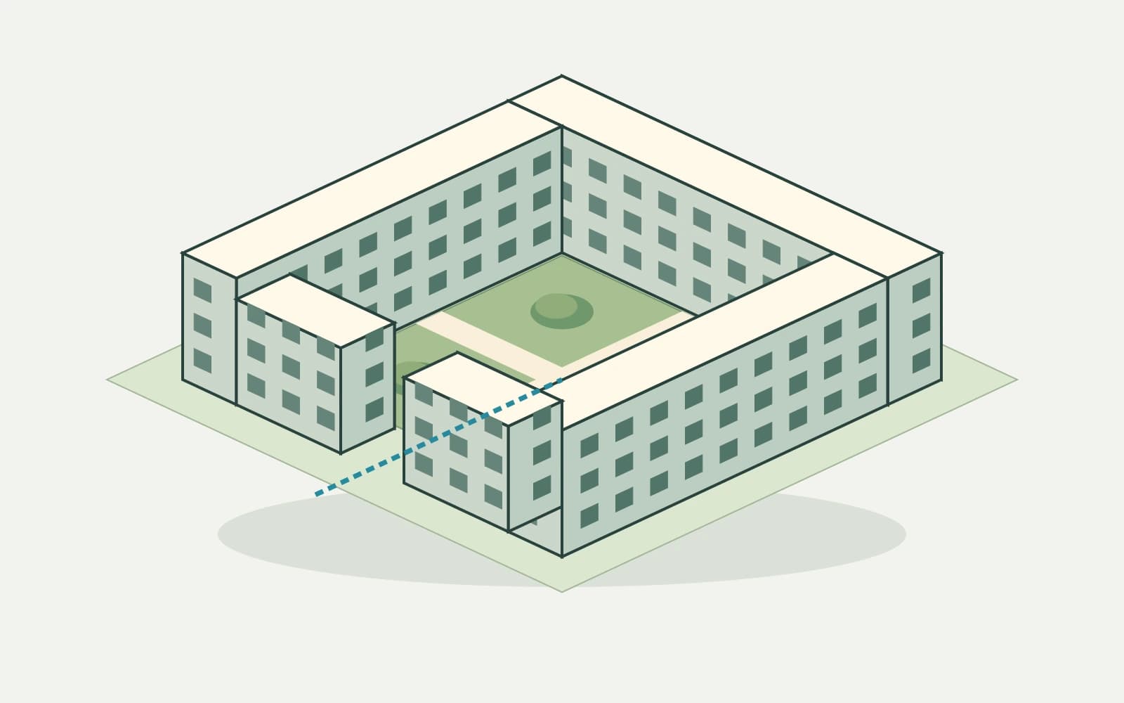 Conceptual courtyard apartment building with a shared green centre and paths towards private entrances; not The Interlace or 8 House.