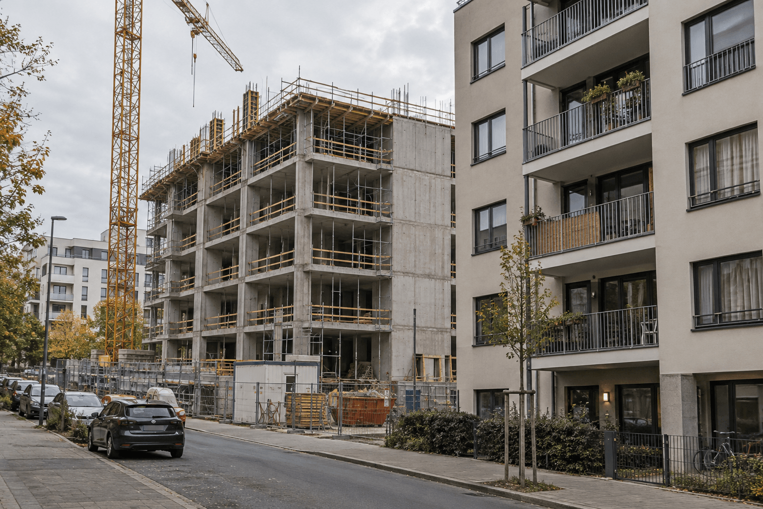 Apartment concrete structure under construction beside completed residential buildings.
