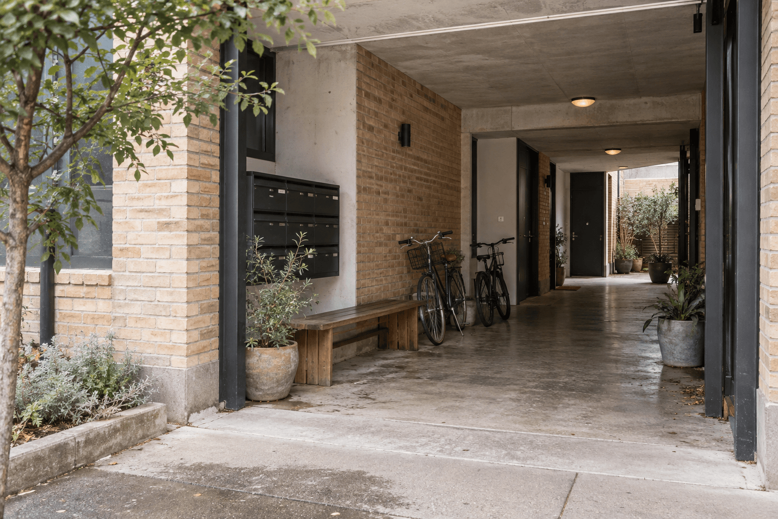 Shared apartment entrance with a covered passage, bench, bicycles and private doors farther inside.