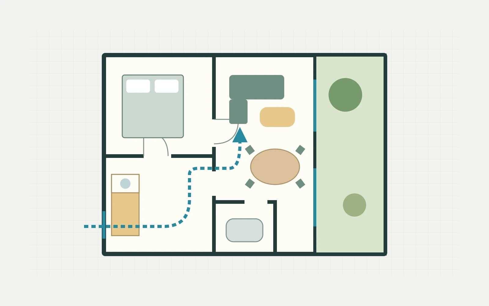 Original schematic apartment floor plan showing furniture, a balcony and a clear circulation route; not a scaled sales plan.