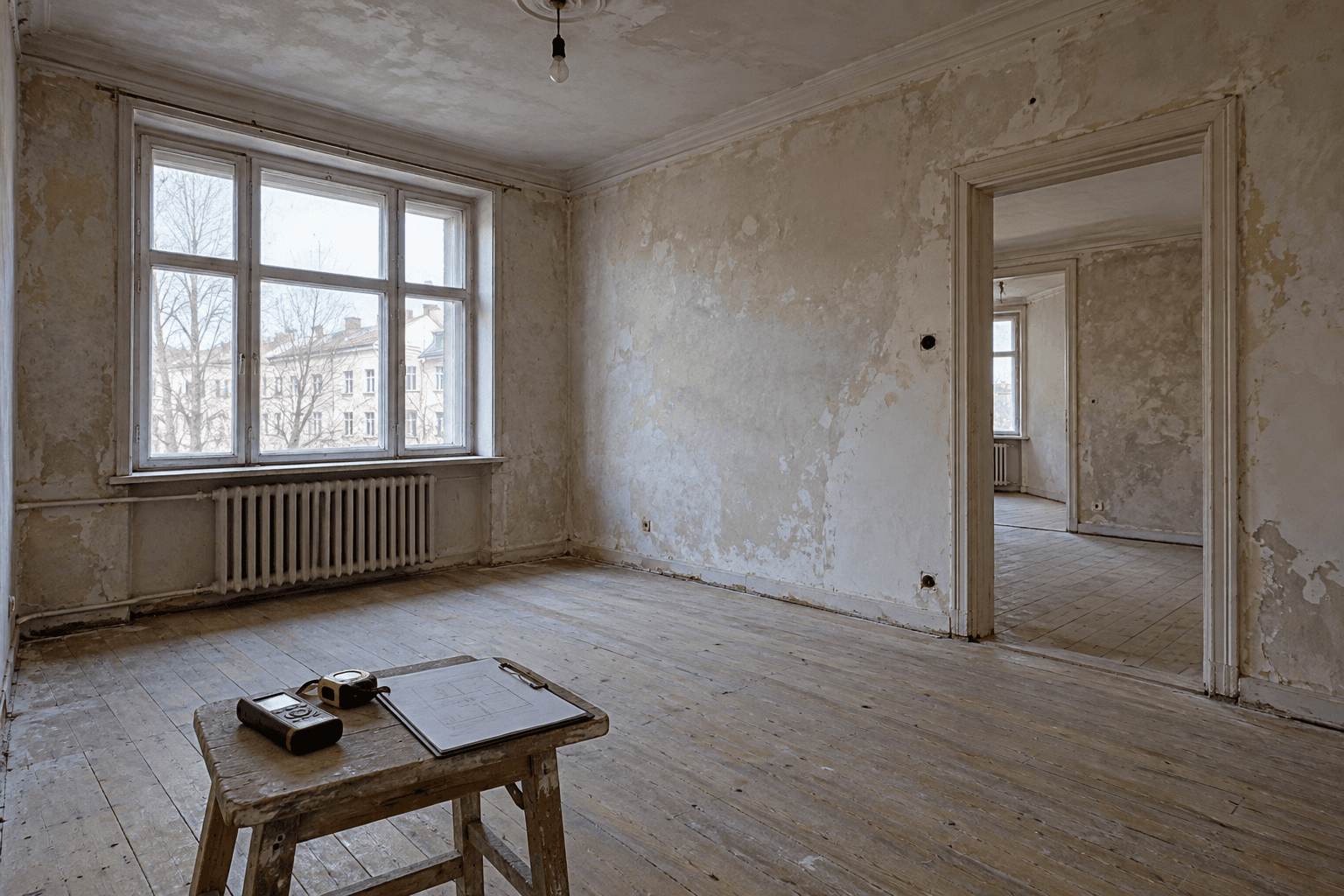Distance meter, tape and survey notes in an older room awaiting renovation.