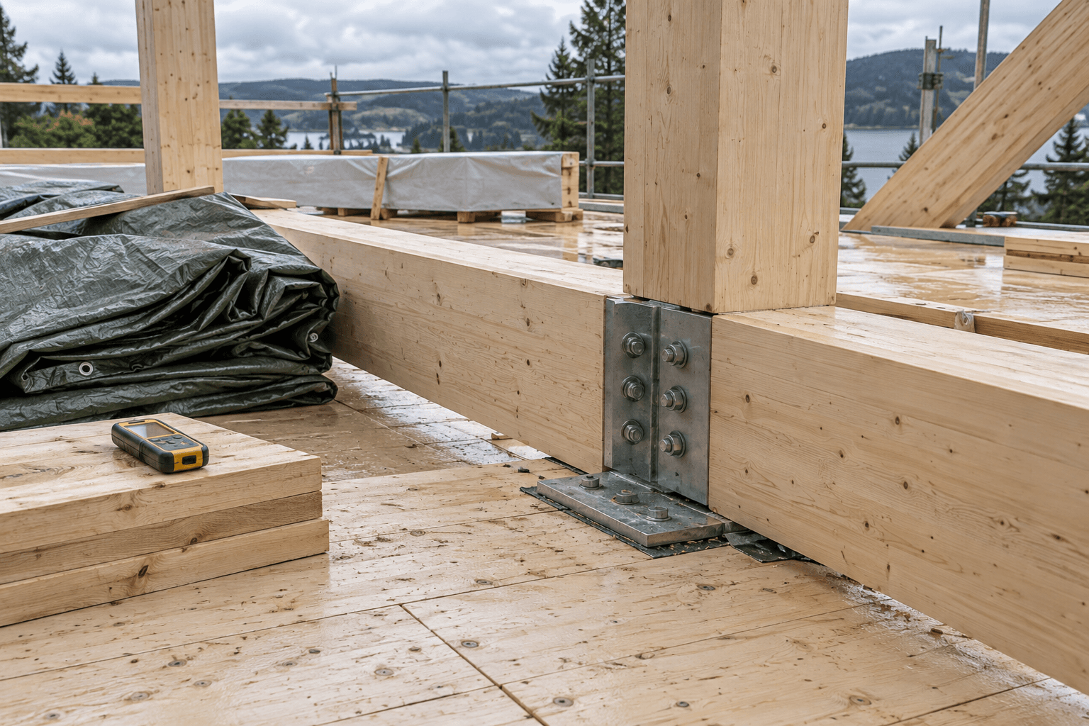 Mass timber construction detail with temporary protection and a moisture meter.