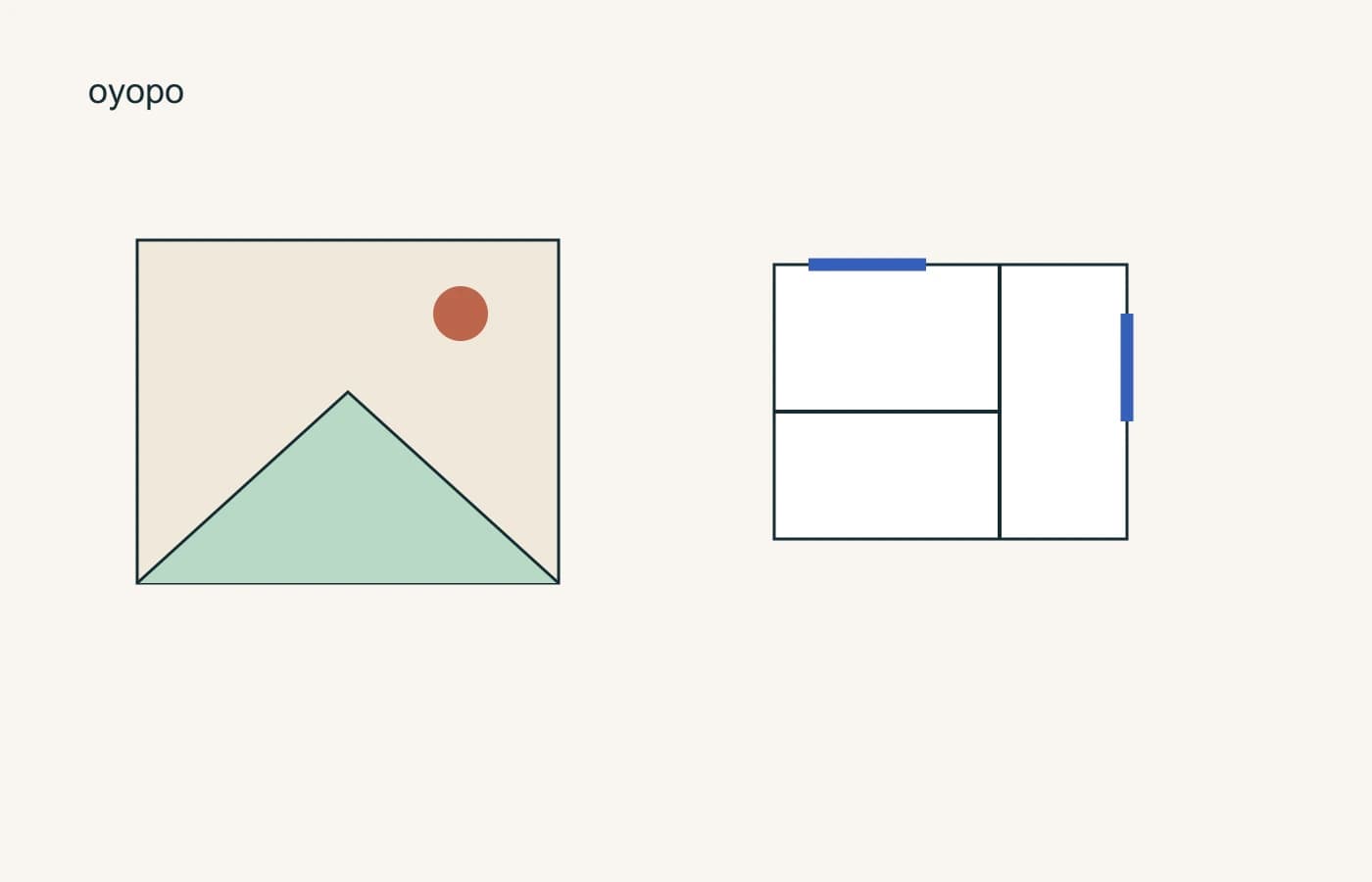 The view and the evidence. A framed scene on the left is paired with a simplified plan on the right. The image shows a view; the plan helps locate it. No real project or apartment is depicted.
