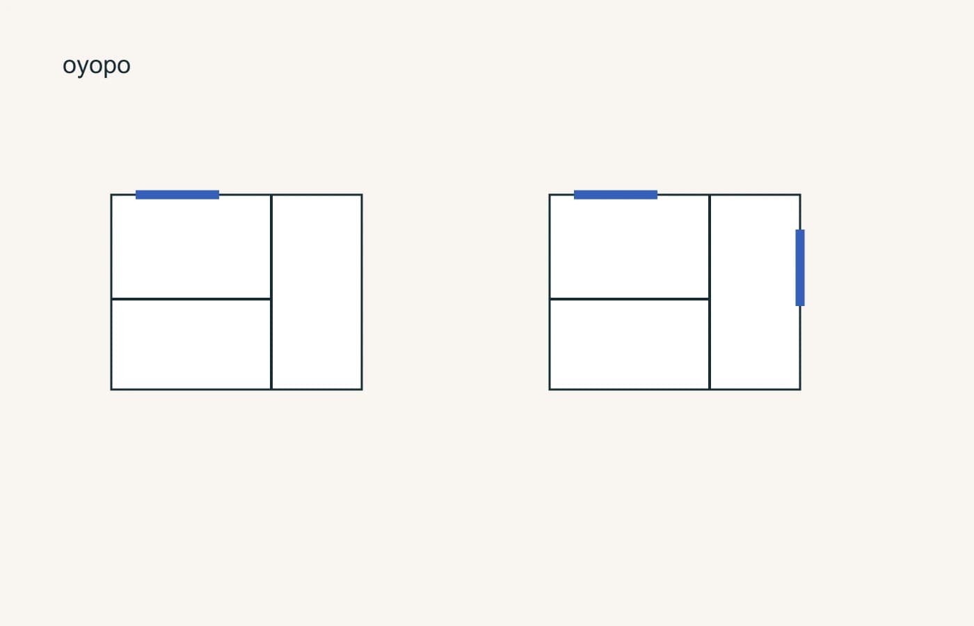 One aspect, two aspects. Left: openings on one external face. Right: openings on two external faces. Blue marks openings in simplified plans; no airflow result is implied.