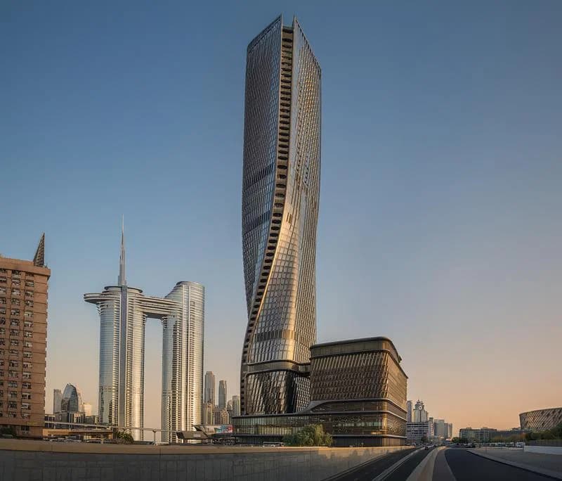 The twisting tower seen beside Sheikh Zayed Road
